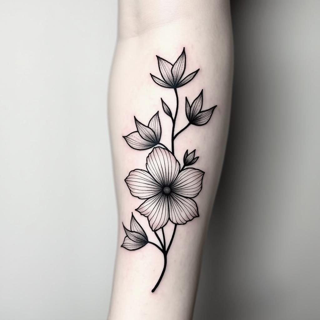 I want a bicep tattoo with a vine that has the June, November, March, May, February, September, and August birth flowers in it, simple and that wraps around the bicep for womenin minimalist style tattoo, featuring simple shapes and fine lines, with minimal shading and details, tiny triangles, creating a sense of balance and harmony - Variation 8
