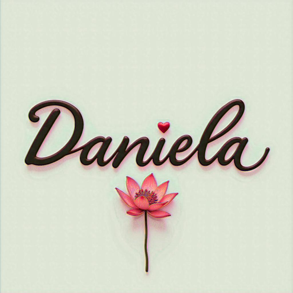 Name Daniela and a lotus flower at the end.in elegant cursive calligraphy style 2d tattoo, decorate with roses, featuring a smooth and flowing handwritten script with slightly thickened strokes for a luxurious and bold appearance, heart symbol between names, sleek and glossy black text with shadowing, minimalist matte white background, clean and sharp edges, illuminated with soft lighting, romantic, 8k, high-quality textures with refined typography - Variation 3
