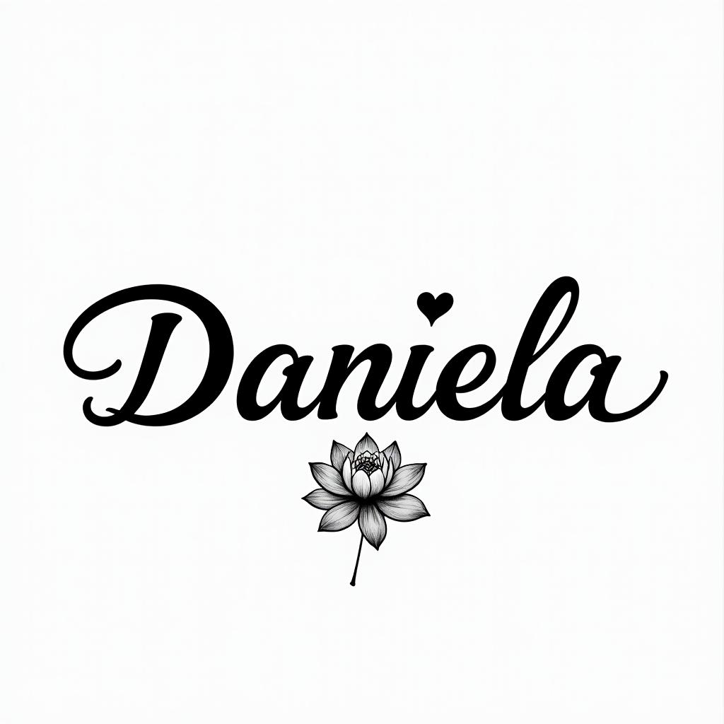 Name Daniela and a lotus flower at the end.in elegant cursive calligraphy style 2d tattoo, decorate with roses, featuring a smooth and flowing handwritten script with slightly thickened strokes for a luxurious and bold appearance, heart symbol between names, sleek and glossy black text with shadowing, minimalist matte white background, clean and sharp edges, illuminated with soft lighting, romantic, 8k, high-quality textures with refined typography - Variation 2