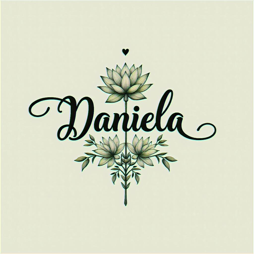 Name Daniela and a lotus flower at the end.in elegant cursive calligraphy style 2d tattoo, decorate with roses, featuring a smooth and flowing handwritten script with slightly thickened strokes for a luxurious and bold appearance, heart symbol between names, sleek and glossy black text with shadowing, minimalist matte white background, clean and sharp edges, illuminated with soft lighting, romantic, 8k, high-quality textures with refined typography - Variation 4