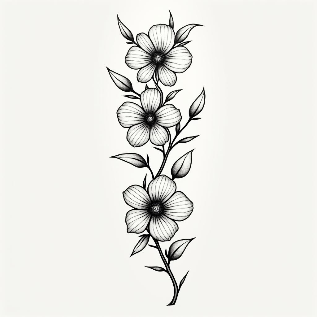 I want a bicep tattoo with a vine that has the June, November, March, May, February, September, and August birth flowers in it, simple and that wraps around the bicep for womenin minimalist style tattoo, featuring simple shapes and fine lines, with minimal shading and details, tiny triangles, creating a sense of balance and harmony - Variation 2