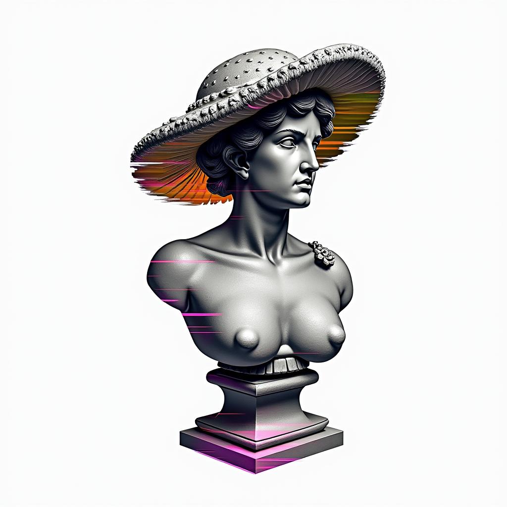 Mushroomin distorted and fragmented tattoo design, featuring a classical statue bust, in a glitch art style with vibrant, overlapping colors of cyan, magenta, and yellow, creating a digital distortion effect