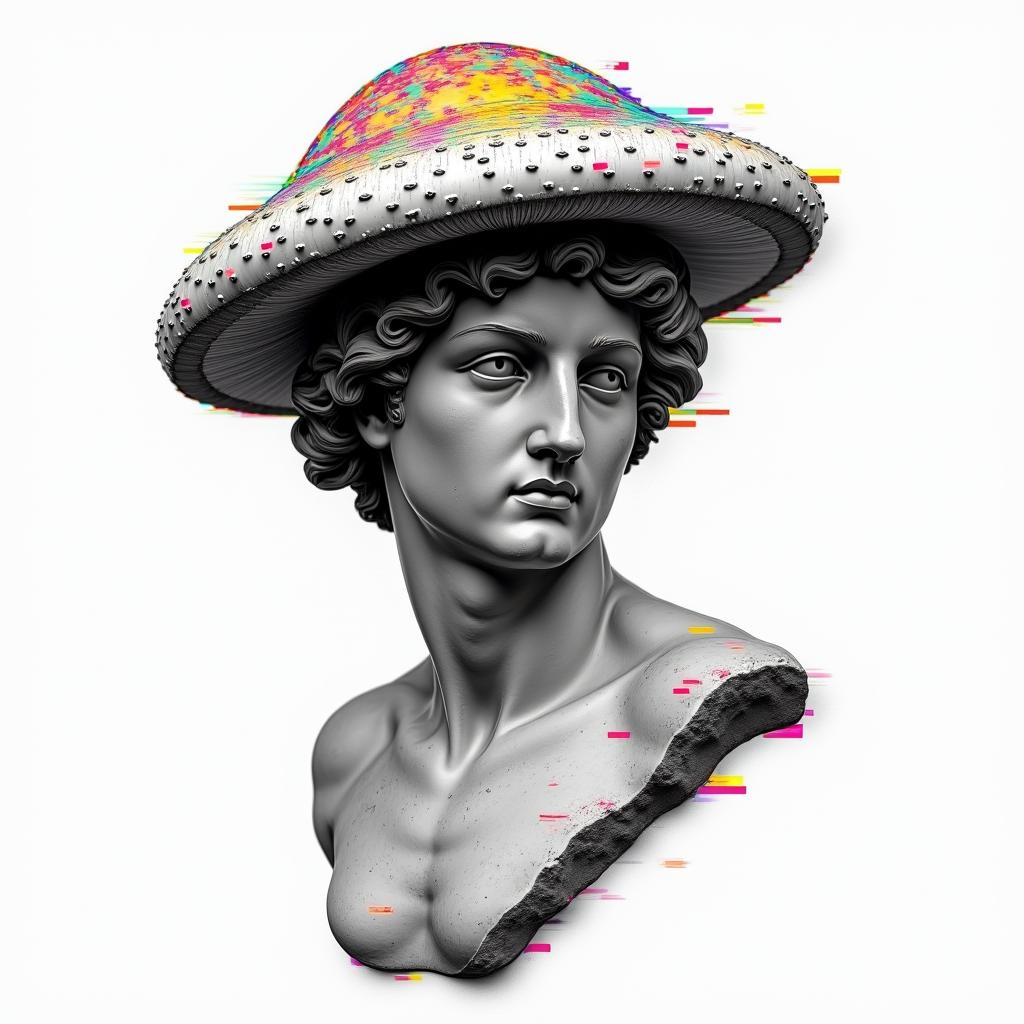 Mushroomin distorted and fragmented tattoo design, featuring a classical statue bust, in a glitch art style with vibrant, overlapping colors of cyan, magenta, and yellow, creating a digital distortion effect - Variation 3
