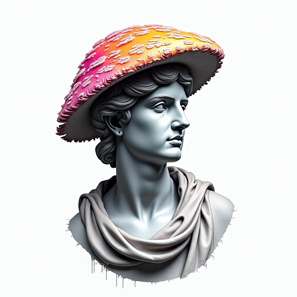 Mushroomin distorted and fragmented tattoo design, featuring a classical statue bust, in a glitch art style with vibrant, overlapping colors of cyan, magenta, and yellow, creating a digital distortion effect - Variation 2