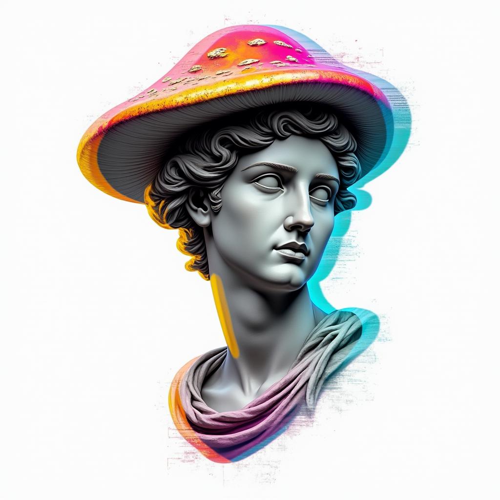 Mushroomin distorted and fragmented tattoo design, featuring a classical statue bust, in a glitch art style with vibrant, overlapping colors of cyan, magenta, and yellow, creating a digital distortion effect - Variation 4
