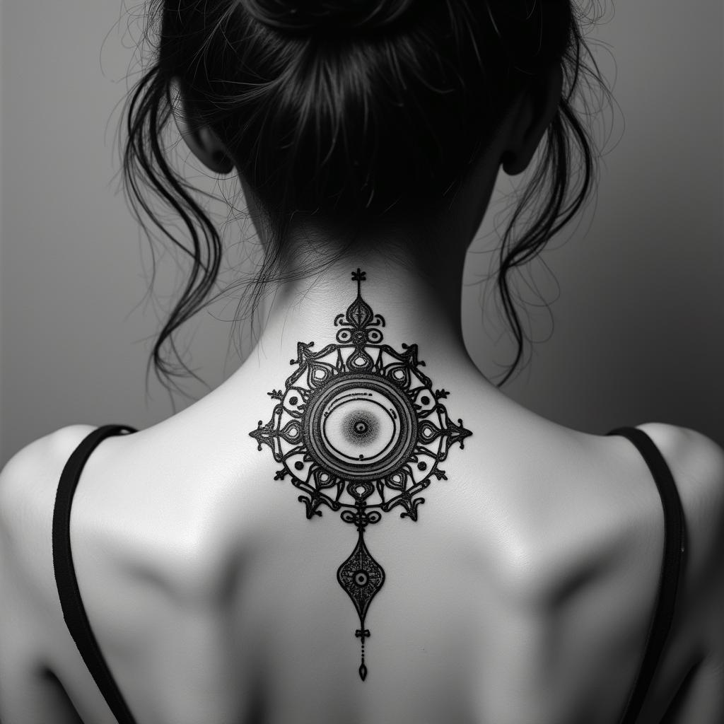 Scorpioin spiritual symbols tattoo style, featuring an intricate design incorporating elements, Hamsa hand, third eye, minimalist composition