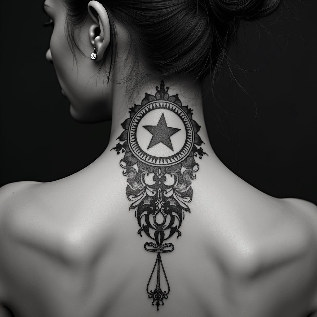 Scorpioin spiritual symbols tattoo style, featuring an intricate design incorporating elements, Hamsa hand, third eye, minimalist composition - Variation 4