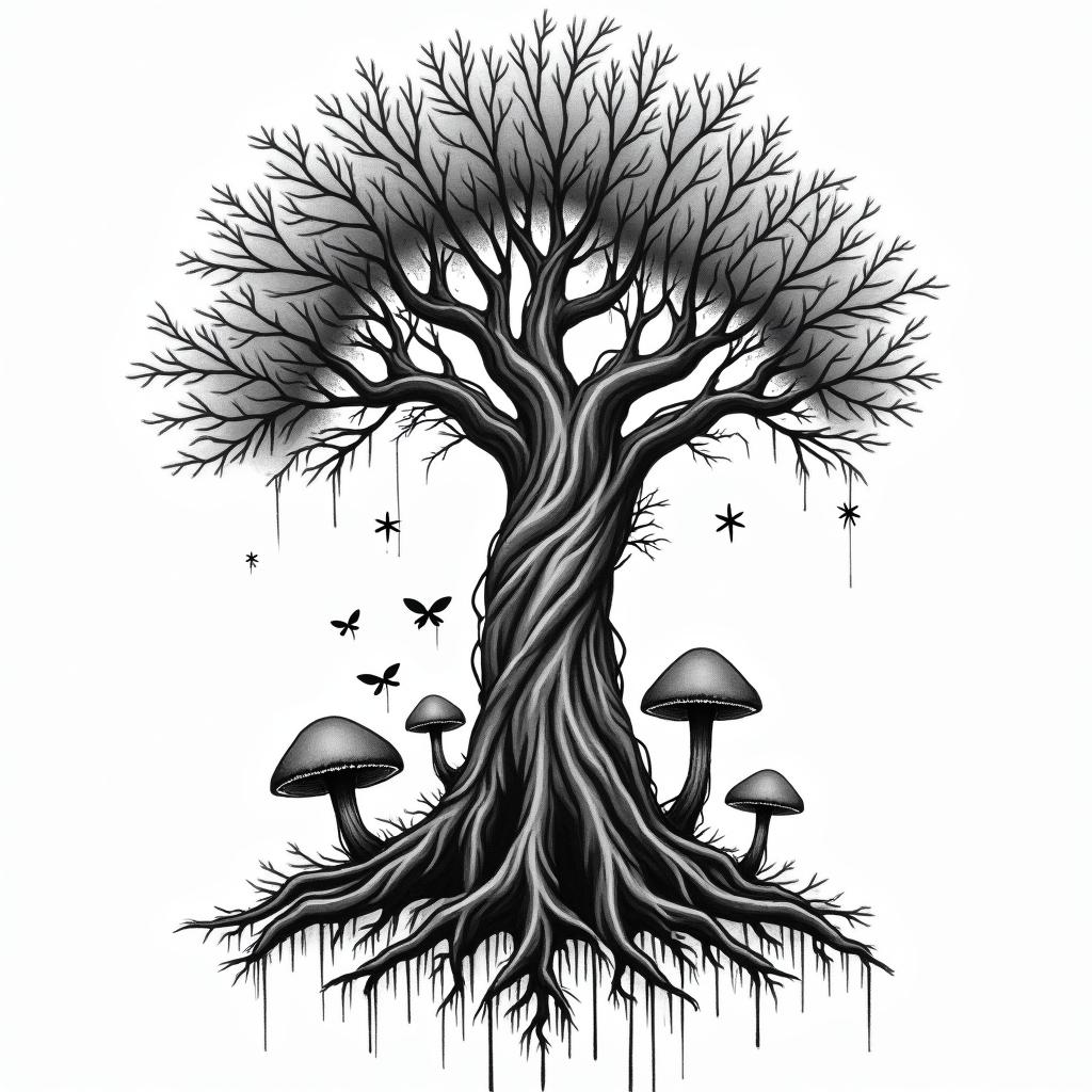 Tree of life with roots and branches and mushroomsin graffiti style tattoo, featuring bold and dynamic street art elements, spray-paint texture with exaggerated lines and expressive, chaotic brushstrokes, intricate lettering incorporated with graffiti tags, symbols like hearts, stars, and wings - Variation 4