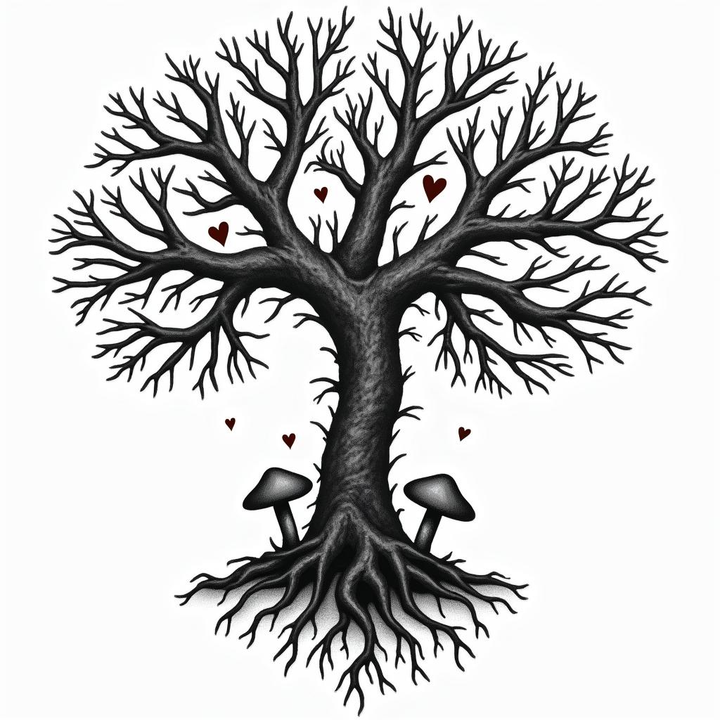 Tree of life with roots and branches and mushroomsin graffiti style tattoo, featuring bold and dynamic street art elements, spray-paint texture with exaggerated lines and expressive, chaotic brushstrokes, intricate lettering incorporated with graffiti tags, symbols like hearts, stars, and wings - Variation 3