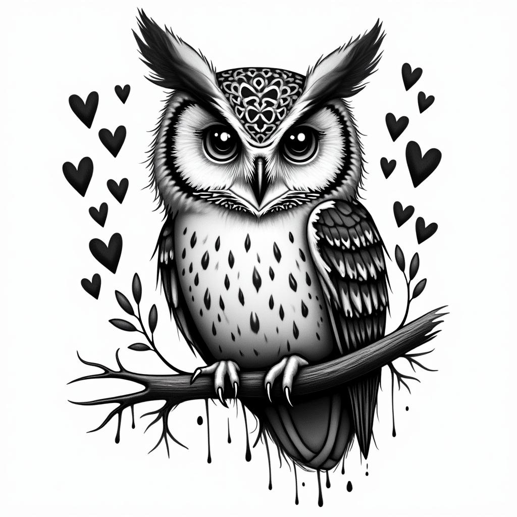 Owl small branch friendly heartsin graffiti style tattoo, featuring bold and dynamic street art elements, spray-paint texture with exaggerated lines and expressive, chaotic brushstrokes, intricate lettering incorporated with graffiti tags, symbols like hearts, stars, and wings - Variation 4