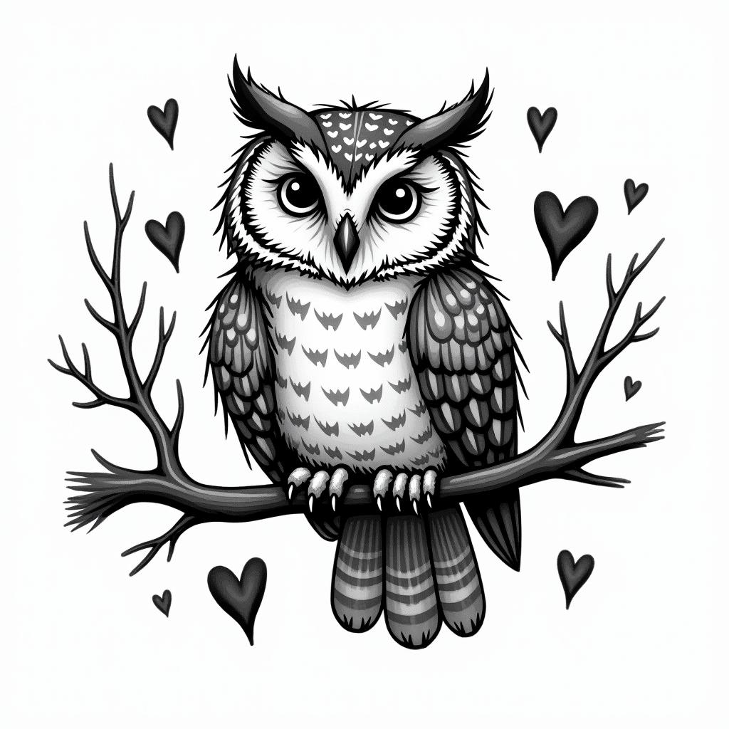 Owl small branch friendly heartsin graffiti style tattoo, featuring bold and dynamic street art elements, spray-paint texture with exaggerated lines and expressive, chaotic brushstrokes, intricate lettering incorporated with graffiti tags, symbols like hearts, stars, and wings - Variation 6