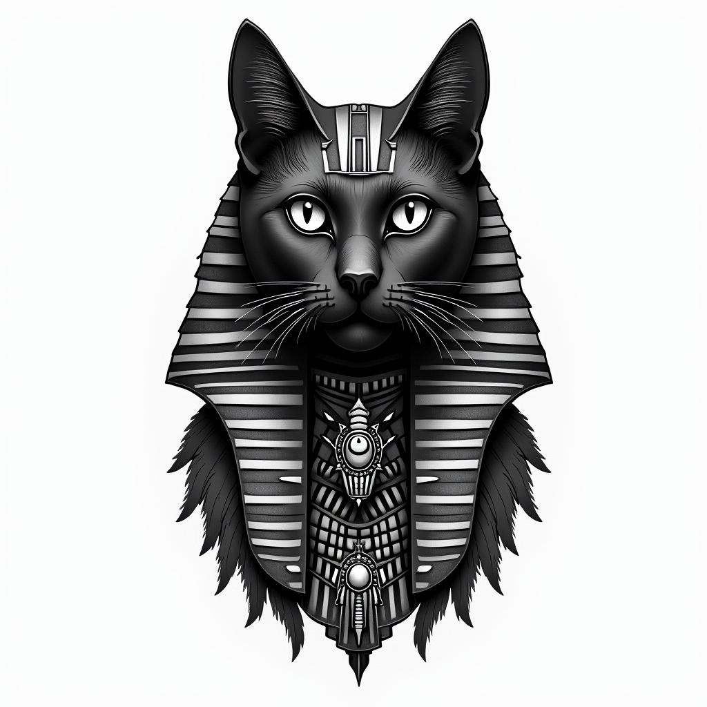 Ancient Egyptian black catin egyptian style tattoo, bold elements of ancient egyptian culture including a portrait of an Egyptian pharaoh with detailed facial features, in hieroglyphs and symbolic imagery, eye of horus, ankh symbol, scarab beetle - Variation 2