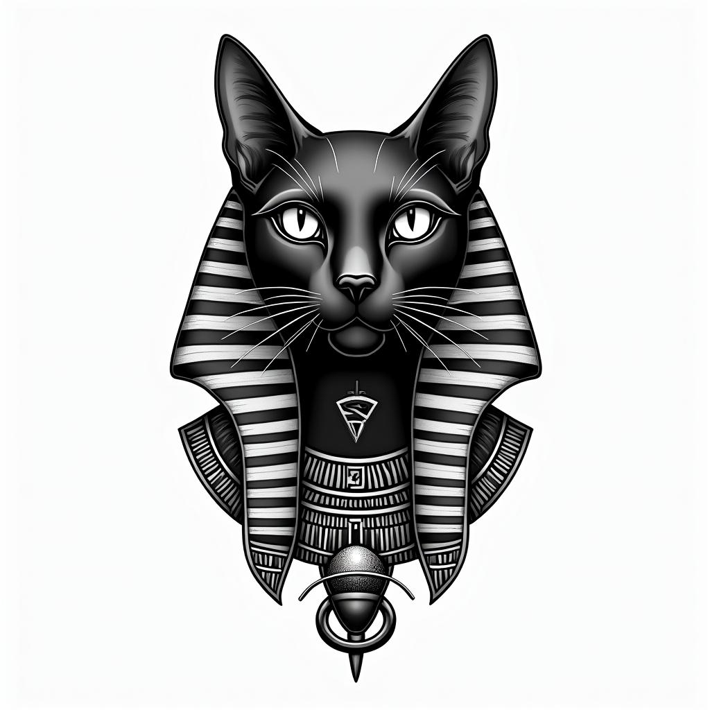 Ancient Egyptian black catin egyptian style tattoo, bold elements of ancient egyptian culture including a portrait of an Egyptian pharaoh with detailed facial features, in hieroglyphs and symbolic imagery, eye of horus, ankh symbol, scarab beetle