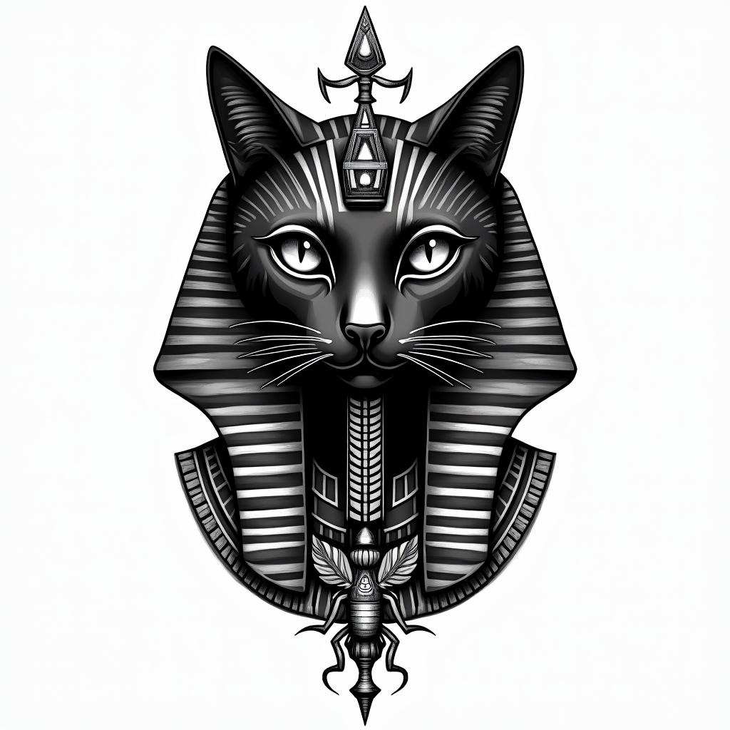 Ancient Egyptian black catin egyptian style tattoo, bold elements of ancient egyptian culture including a portrait of an Egyptian pharaoh with detailed facial features, in hieroglyphs and symbolic imagery, eye of horus, ankh symbol, scarab beetle - Variation 3