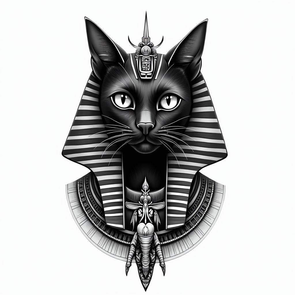 Ancient Egyptian black catin egyptian style tattoo, bold elements of ancient egyptian culture including a portrait of an Egyptian pharaoh with detailed facial features, in hieroglyphs and symbolic imagery, eye of horus, ankh symbol, scarab beetle - Variation 4