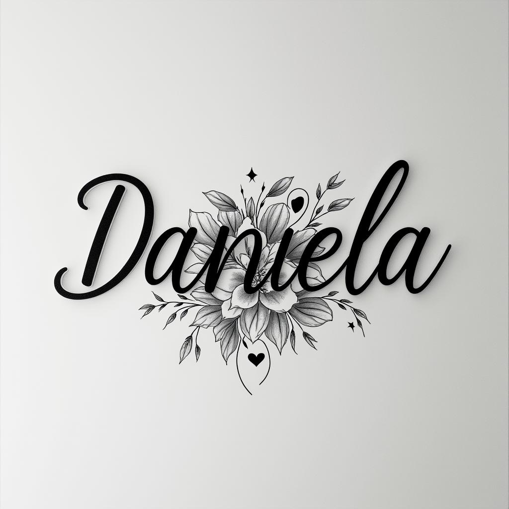 The name Daniela and a star at the end.in elegant cursive calligraphy style 2d tattoo, decorate with roses, featuring a smooth and flowing handwritten script with slightly thickened strokes for a luxurious and bold appearance,  heart symbol between names,  sleek and glossy black text with shadowing, minimalist matte white background, clean and sharp edges, illuminated with soft lighting, romantic, 8k, high-quality textures with refined typography - Variation 3