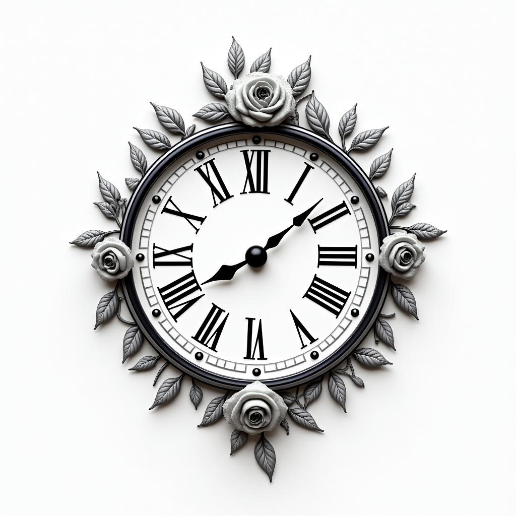 Ayla James, clock, 2/23/2024, rosesin elegant cursive calligraphy style 2d tattoo, decorate with roses, featuring a smooth and flowing handwritten script with slightly thickened strokes for a luxurious and bold appearance,  heart symbol between names,  sleek and glossy black text with shadowing, minimalist matte white background, clean and sharp edges, illuminated with soft lighting, romantic, 8k, high-quality textures with refined typography - Variation 3