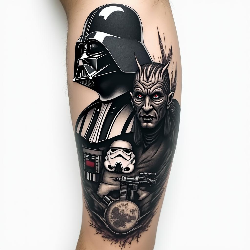A dark and ominous Star Wars themed arm sleeve featuring the figures of Darth Vader and Darth Maul, a stormtrooper, and the Death Star, rendered in black, white, and grey tones, emphasizing depth and drama without any text or symbols, focusing on the characters and their iconic essence.higly detailed tattoo - Variation 2