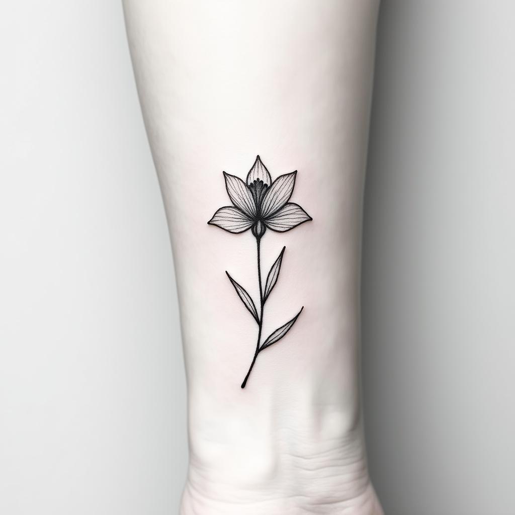 Tiny fine tattoo of rise that says she blooms in stem for wristin minimalist style tattoo, featuring simple shapes and fine lines, with minimal shading and details, tiny triangles, creating a sense of balance and harmony - Variation 3