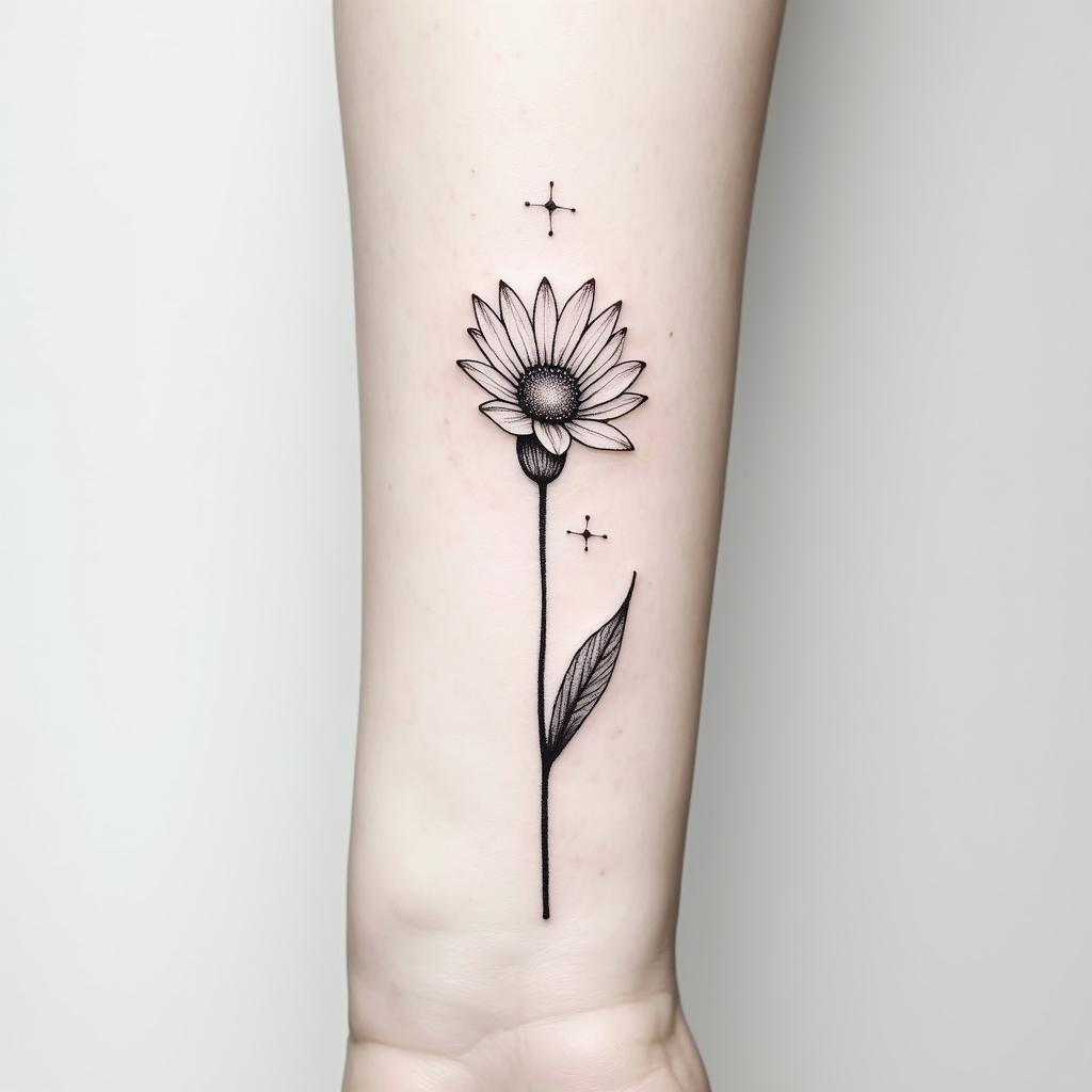 Tiny fine tattoo of rise that says she blooms in stem for wristin minimalist style tattoo, featuring simple shapes and fine lines, with minimal shading and details, tiny triangles, creating a sense of balance and harmony - Variation 2