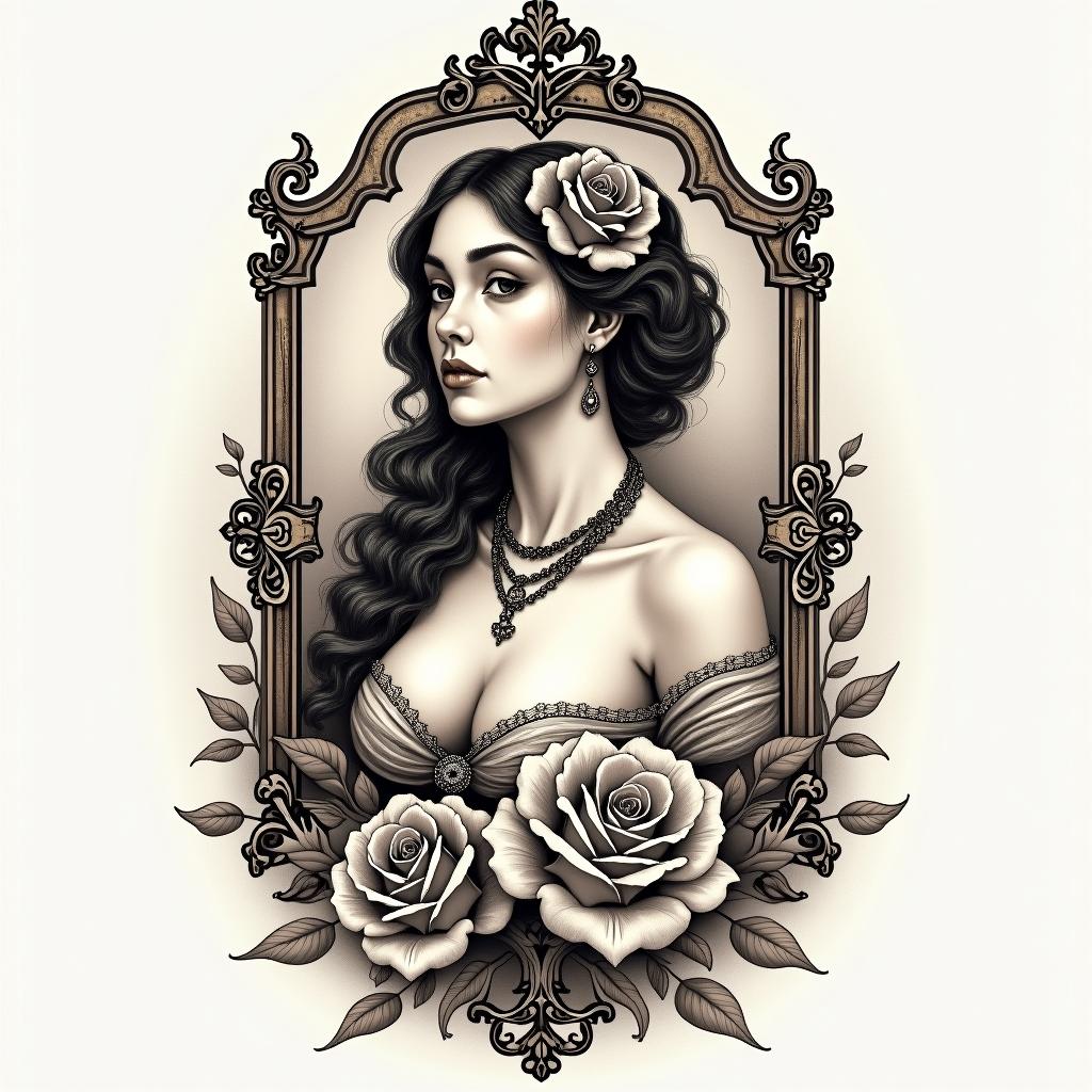 Librain victorian style tattoo, featuring vintage and elegant elements, ornate frames, roses, antique, sepia-toned color scheme - Variation 8
