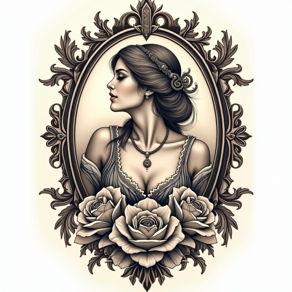 Librain victorian style tattoo, featuring vintage and elegant elements, ornate frames, roses, antique, sepia-toned color scheme - Variation 6