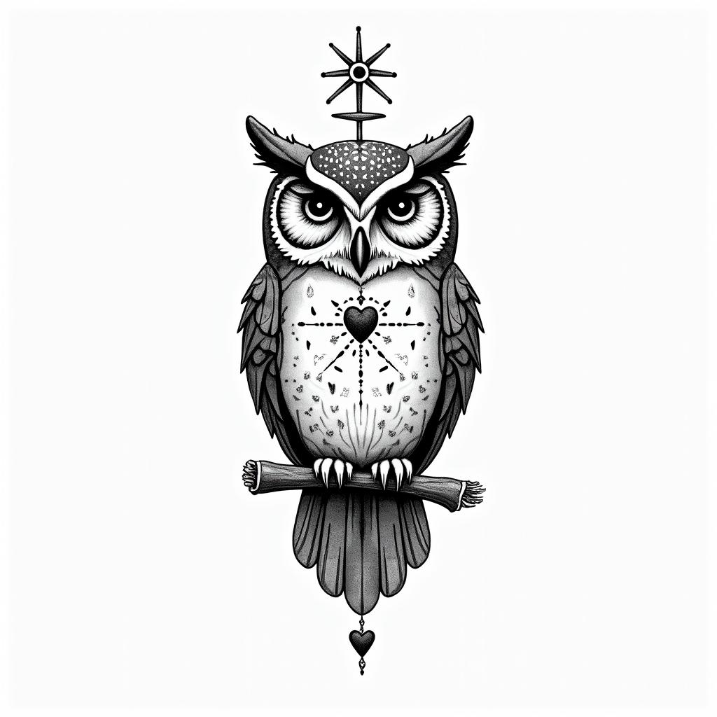 Owl small branch friendly heartsin spiritual symbols tattoo style, featuring an intricate design incorporating elements, Hamsa hand, third eye, minimalist composition - Variation 3