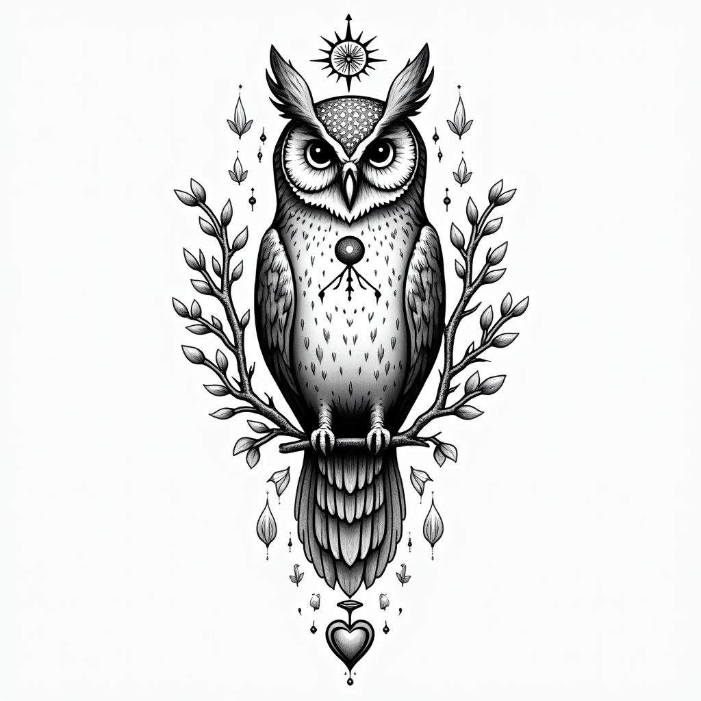 Owl small branch friendly heartsin spiritual symbols tattoo style, featuring an intricate design incorporating elements, Hamsa hand, third eye, minimalist composition - Variation 4