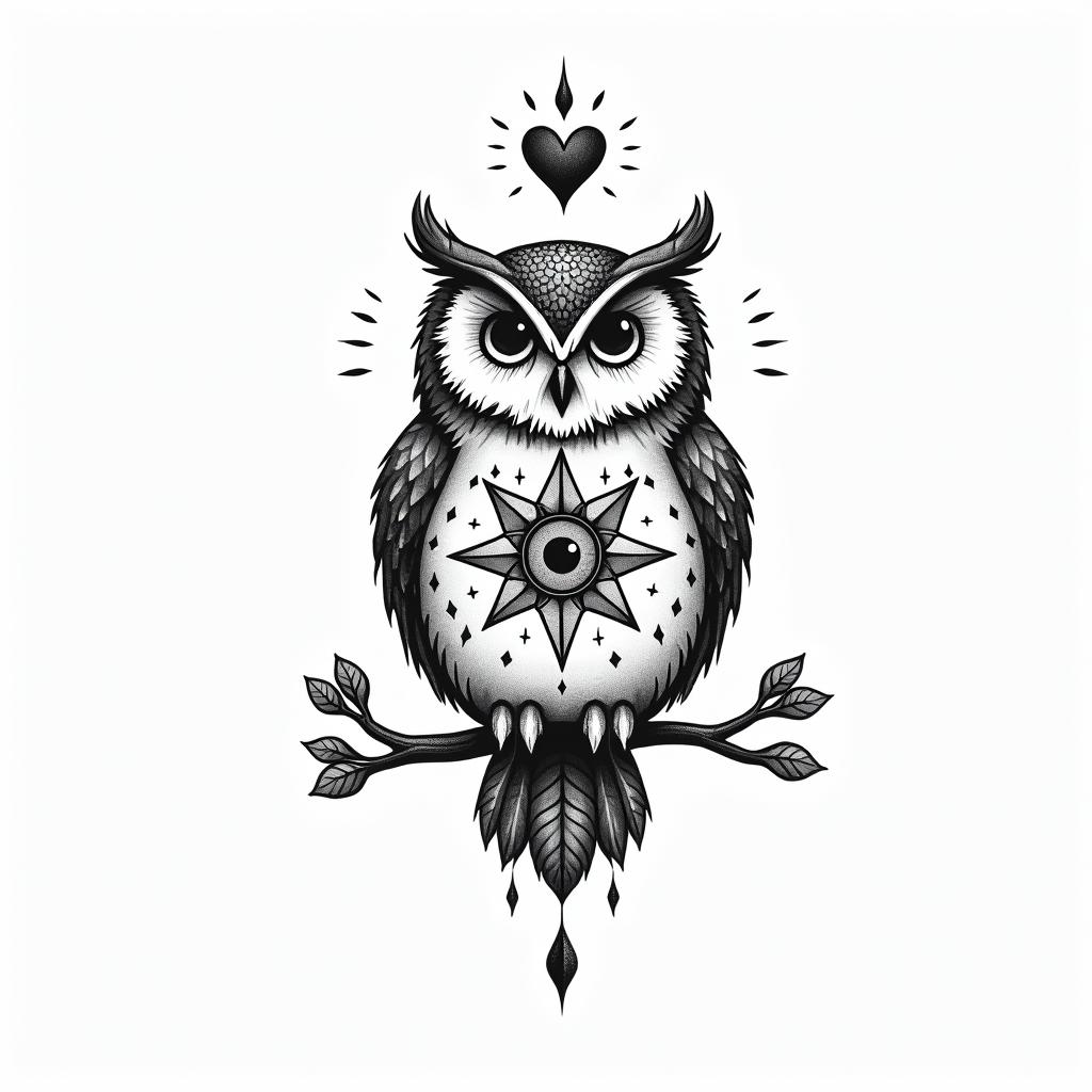 Owl small branch friendly heartsin spiritual symbols tattoo style, featuring an intricate design incorporating elements, Hamsa hand, third eye, minimalist composition - Variation 2