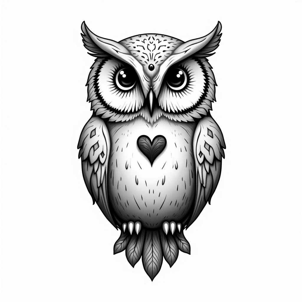 Owl small branch friendly heartsin spiritual symbols tattoo style, featuring an intricate design incorporating elements, Hamsa hand, third eye, minimalist composition