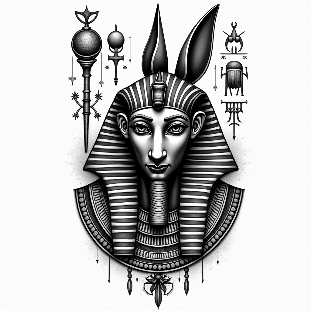 Anubisin egyptian style tattoo, bold elements of ancient egyptian culture including a portrait of an Egyptian pharaoh with detailed facial features, in hieroglyphs and symbolic imagery, eye of horus, ankh symbol, scarab beetle - Variation 4