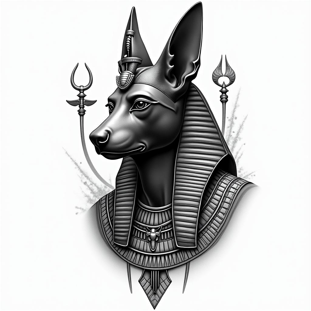 Anubisin egyptian style tattoo, bold elements of ancient egyptian culture including a portrait of an Egyptian pharaoh with detailed facial features, in hieroglyphs and symbolic imagery, eye of horus, ankh symbol, scarab beetle