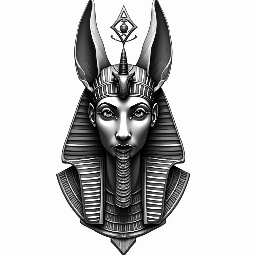 Anubisin egyptian style tattoo, bold elements of ancient egyptian culture including a portrait of an Egyptian pharaoh with detailed facial features, in hieroglyphs and symbolic imagery, eye of horus, ankh symbol, scarab beetle - Variation 2