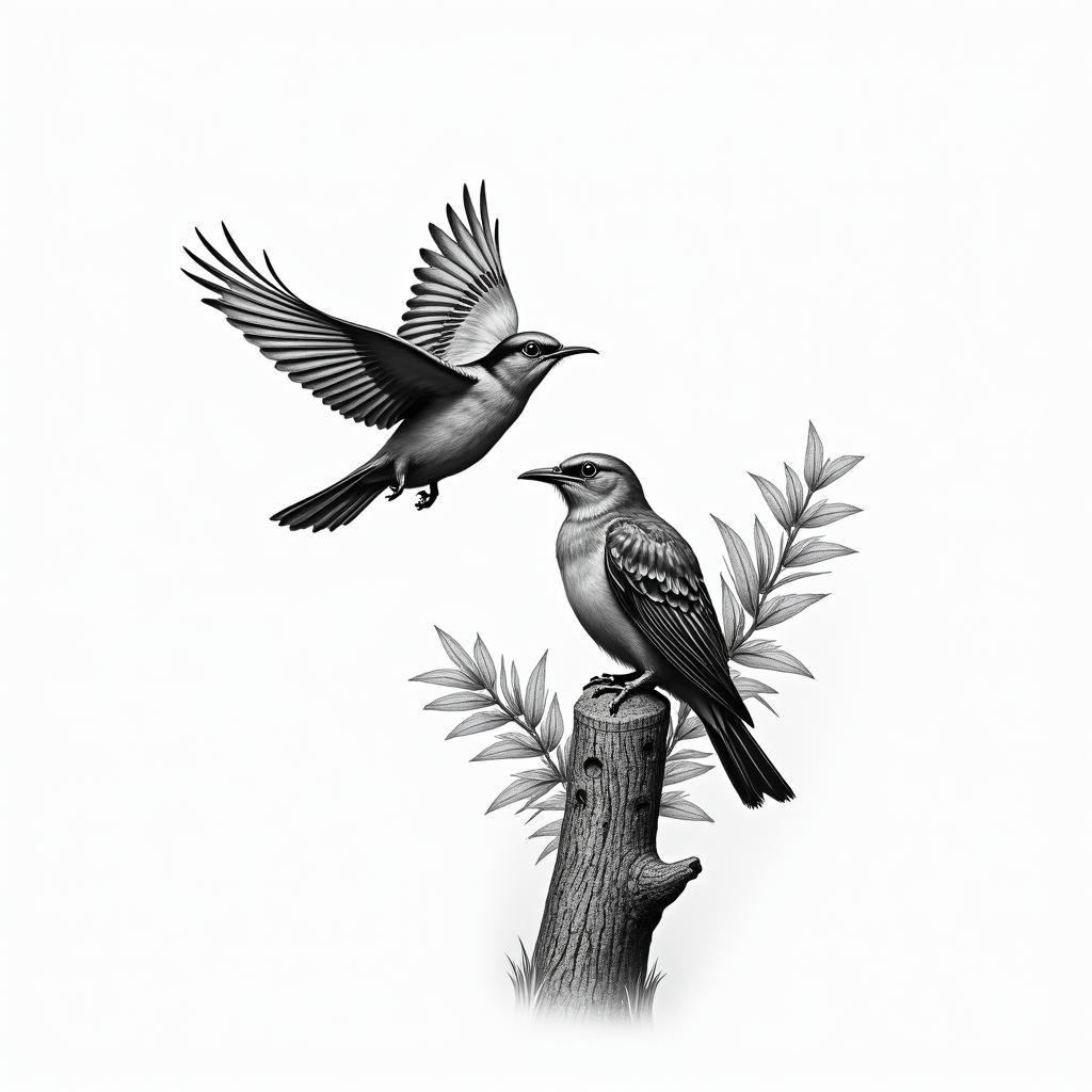 Bird flying and another resting on a trunk with many leaves and holding a letter in its beak.in realism tattoo style, featuring a highly detailed, lifelike, capturing every detail, photorealistic, ultra realistic, intricate shading, smooth and sharp, - Variation 2