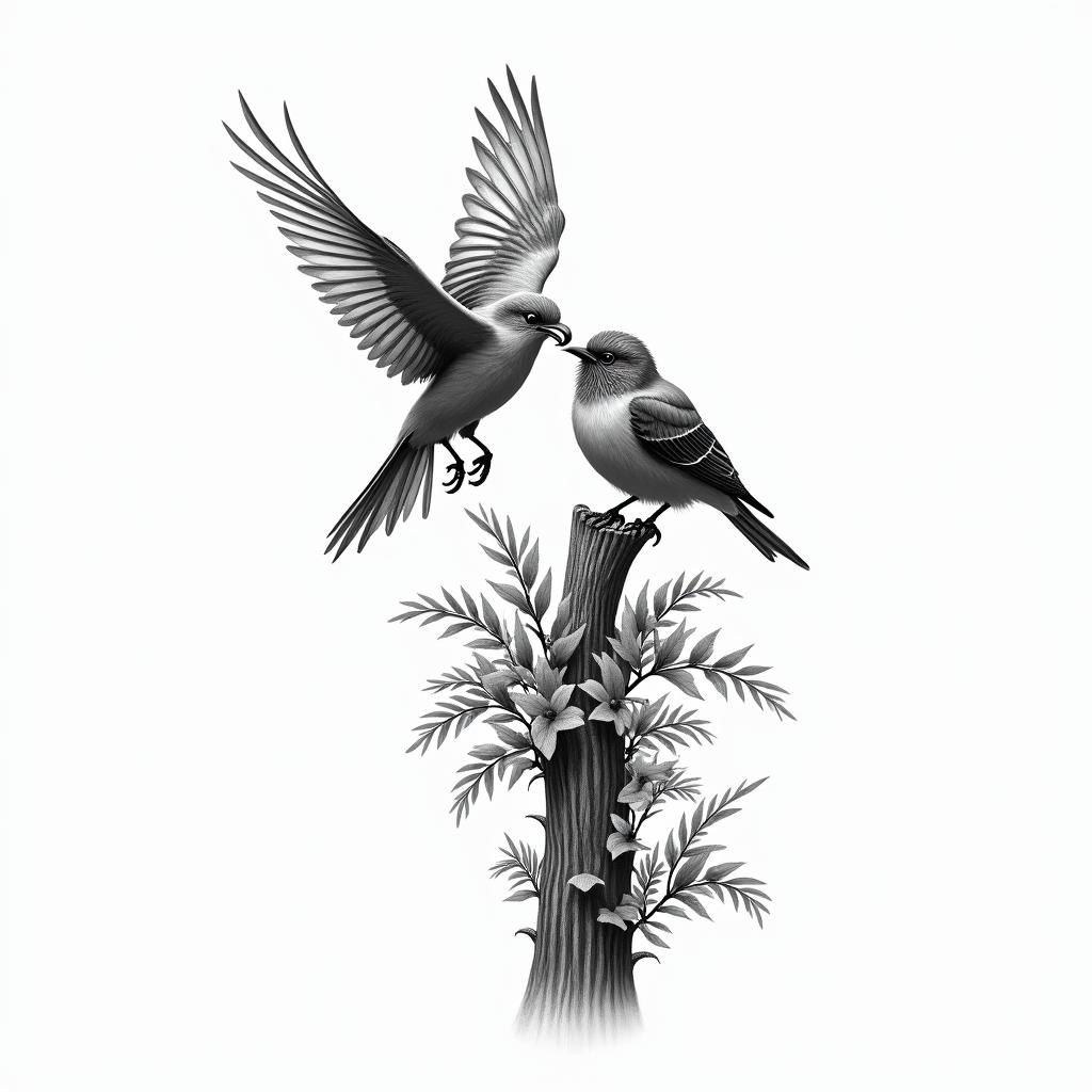 Bird flying and another resting on a trunk with many leaves and holding a letter in its beak.in realism tattoo style, featuring a highly detailed, lifelike, capturing every detail, photorealistic, ultra realistic, intricate shading, smooth and sharp,  