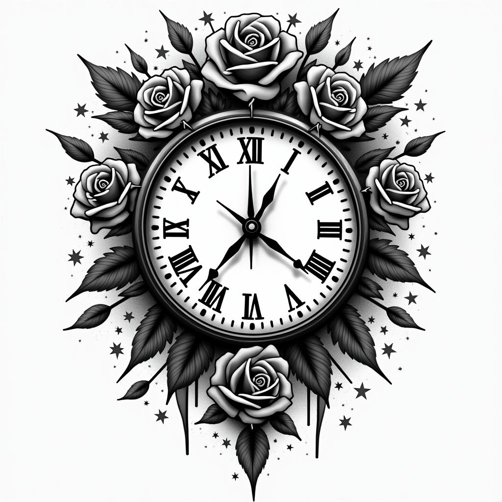 Ayla James, clock, 2/23/2024, rosesin graffiti style tattoo, featuring bold and dynamic street art elements, spray-paint texture with exaggerated lines and expressive, chaotic brushstrokes, intricate lettering incorporated with graffiti tags, symbols like hearts, stars, and wings - Variation 4