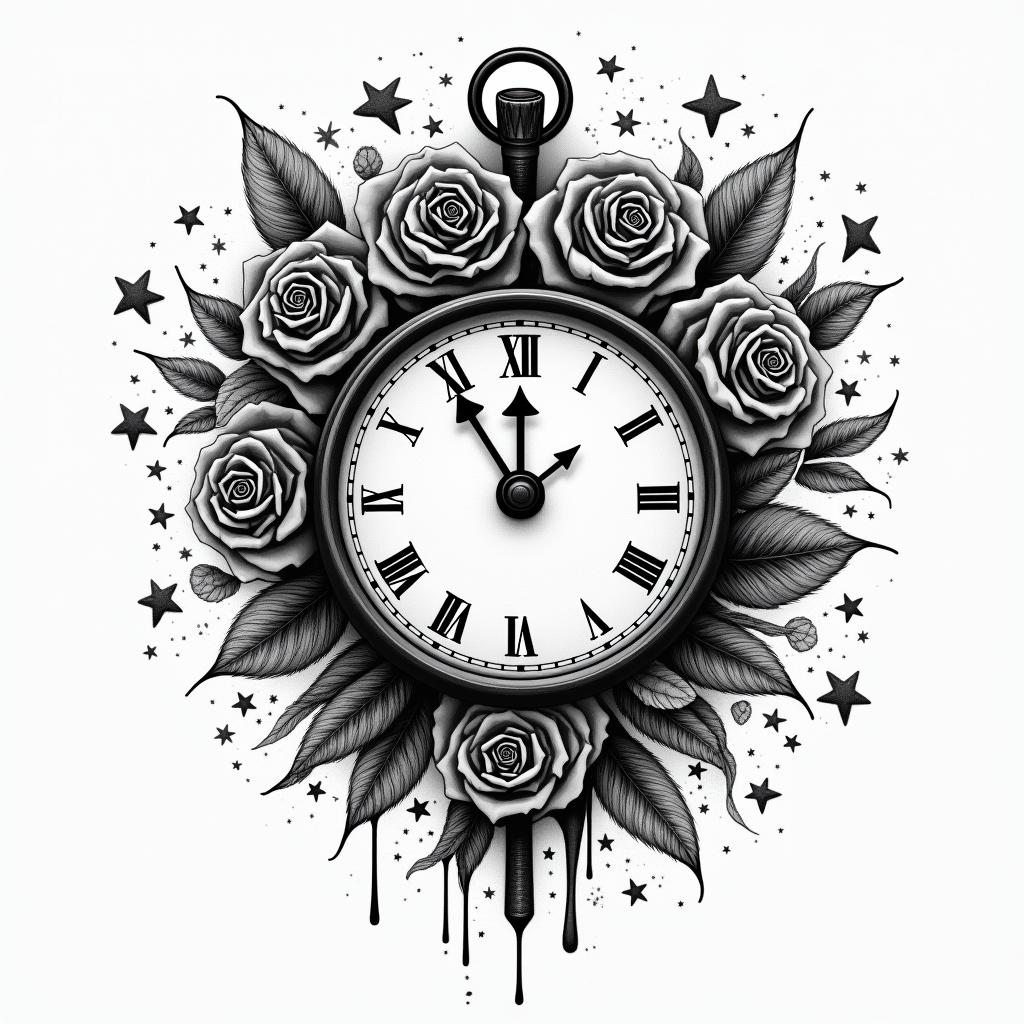 Ayla James, clock, 2/23/2024, rosesin graffiti style tattoo, featuring bold and dynamic street art elements, spray-paint texture with exaggerated lines and expressive, chaotic brushstrokes, intricate lettering incorporated with graffiti tags, symbols like hearts, stars, and wings - Variation 3