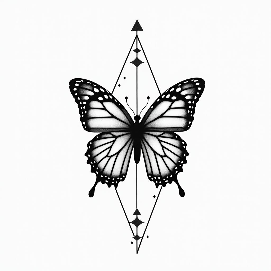 Butterfly in the cagein minimalist style tattoo, featuring simple shapes and fine lines, with minimal shading and details, tiny triangles, creating a sense of balance and harmony - Variation 4