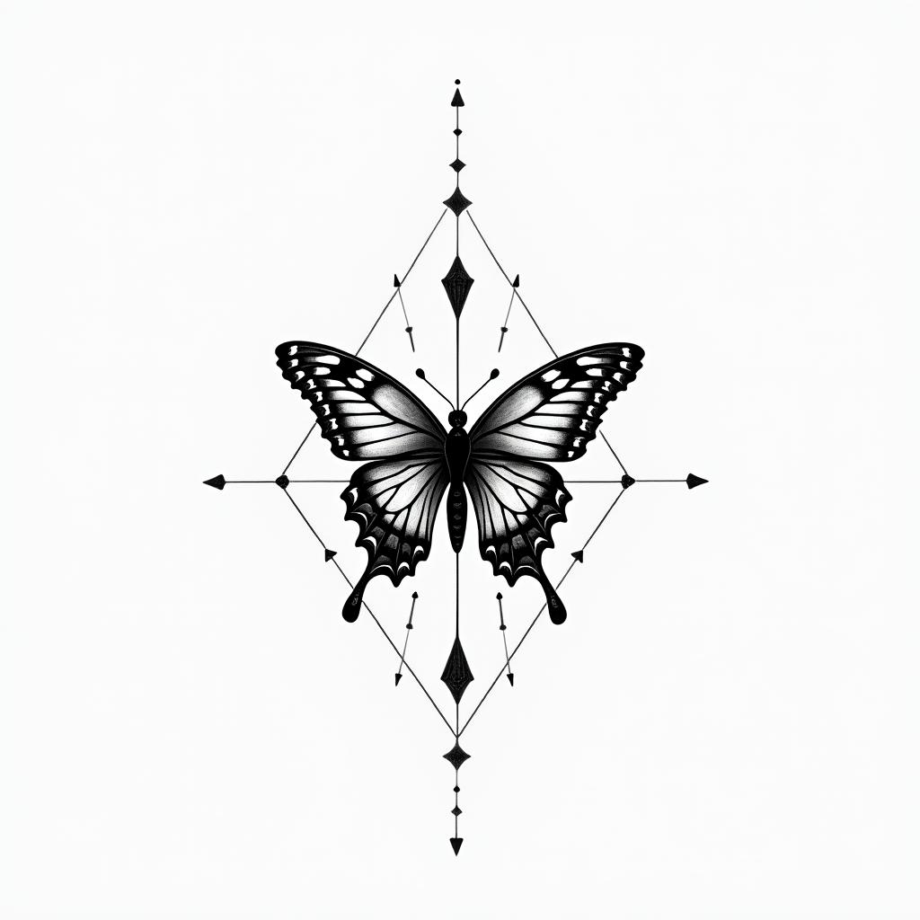 Butterfly in the cagein minimalist style tattoo, featuring simple shapes and fine lines, with minimal shading and details, tiny triangles, creating a sense of balance and harmony - Variation 3