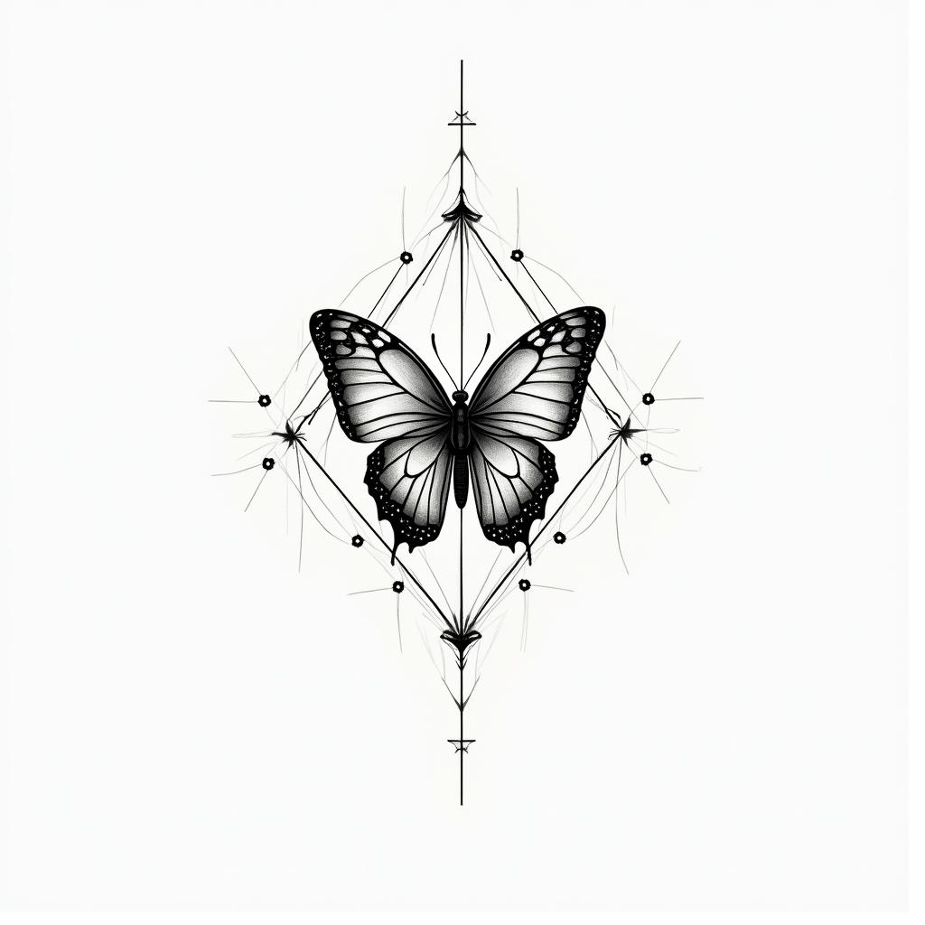 Butterfly in the cagein minimalist style tattoo, featuring simple shapes and fine lines, with minimal shading and details, tiny triangles, creating a sense of balance and harmony