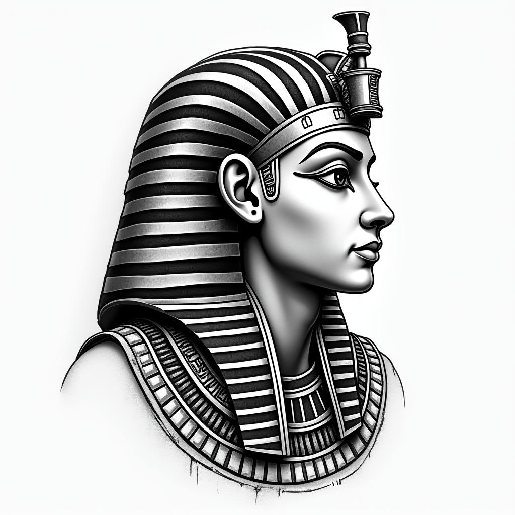 Rain egyptian style tattoo, bold elements of ancient egyptian culture including a portrait of an Egyptian pharaoh with detailed facial features, in hieroglyphs and symbolic imagery, eye of horus, ankh symbol, scarab beetle - Variation 4