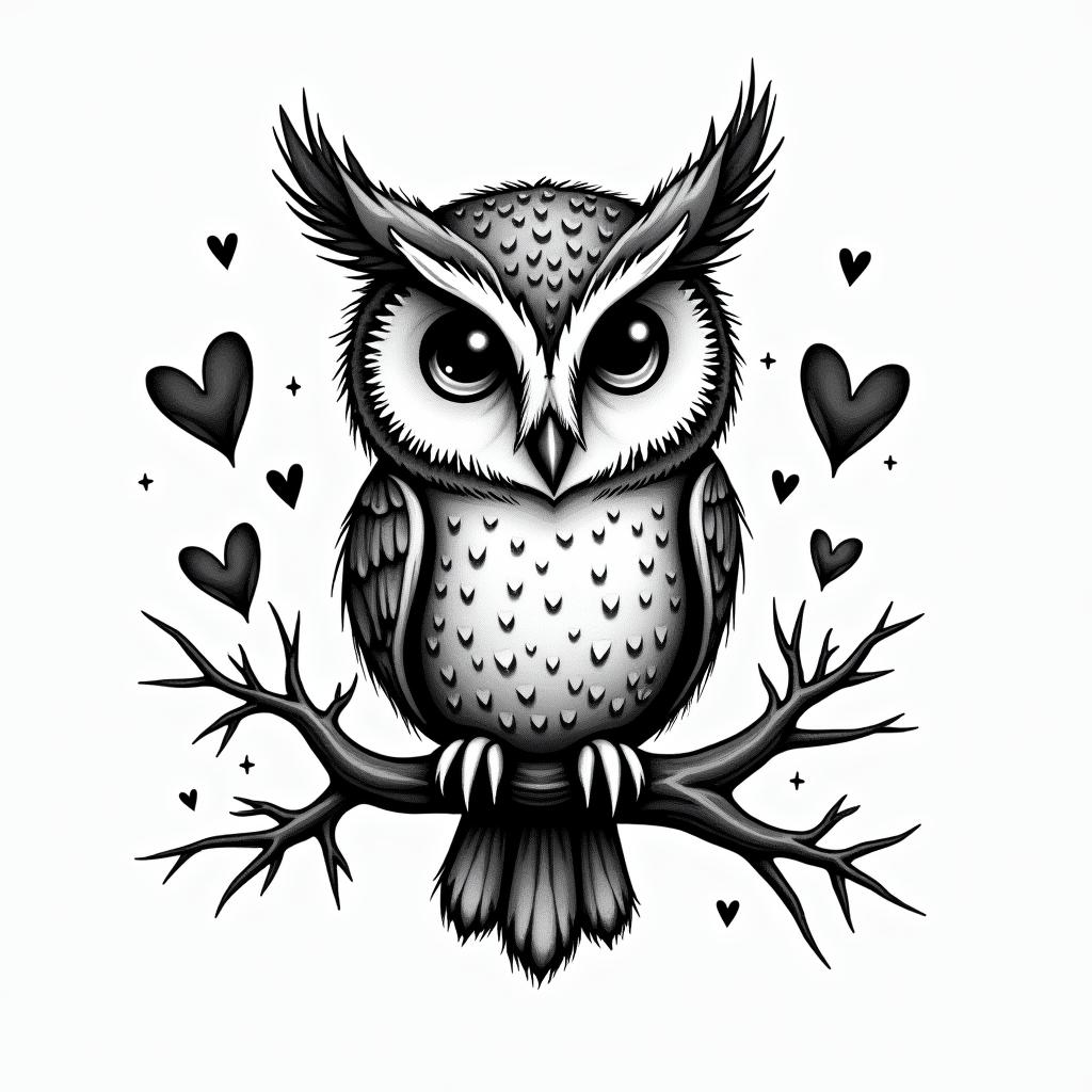 Owl small branch friendly heartsin graffiti style tattoo, featuring bold and dynamic street art elements, spray-paint texture with exaggerated lines and expressive, chaotic brushstrokes, intricate lettering incorporated with graffiti tags, symbols like hearts, stars, and wings - Variation 3