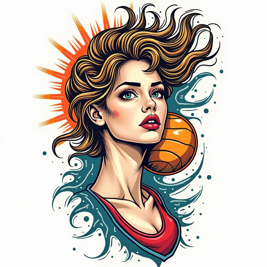 Anthony, Libra, volleyball, 1995in pop art style tattoo, featuring bold and vibrant colors, exaggerated outlines, iconic imagery, inspired by comic books and speech bubbles, comic book characters, retro pop culture - Variation 4