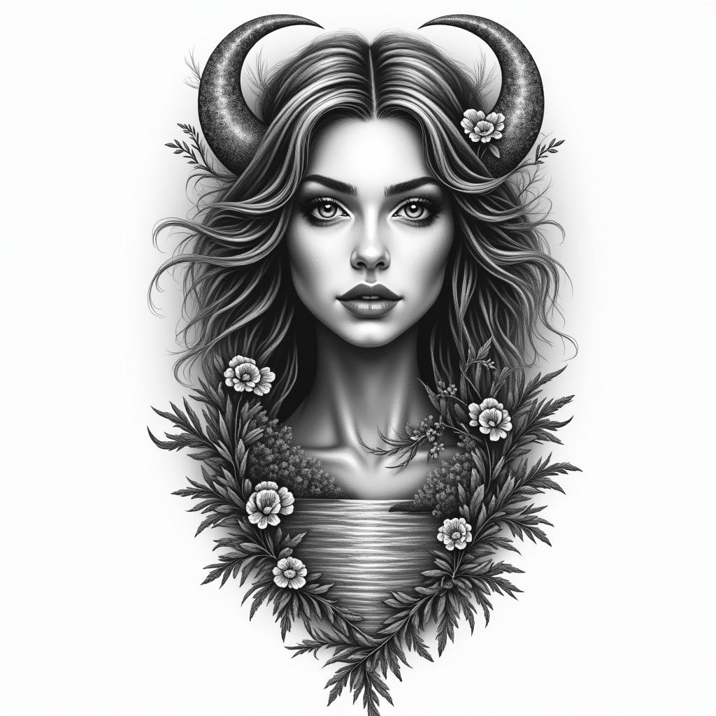 Gemini, nature, ocean, forest, enviromental sciencein portrait tattoo style, featuring a highly realistic and detailed depiction