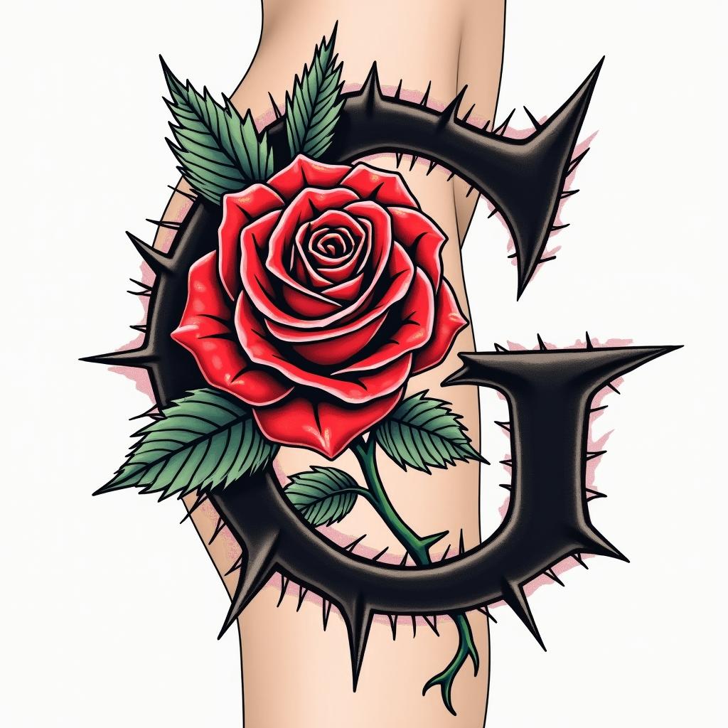 Thigh tattoo rose and thorn in the shape of G but in secretin pop art style tattoo, featuring bold and vibrant colors, exaggerated outlines, iconic imagery, inspired by comic books and speech bubbles, comic book characters, retro pop culture - Variation 4