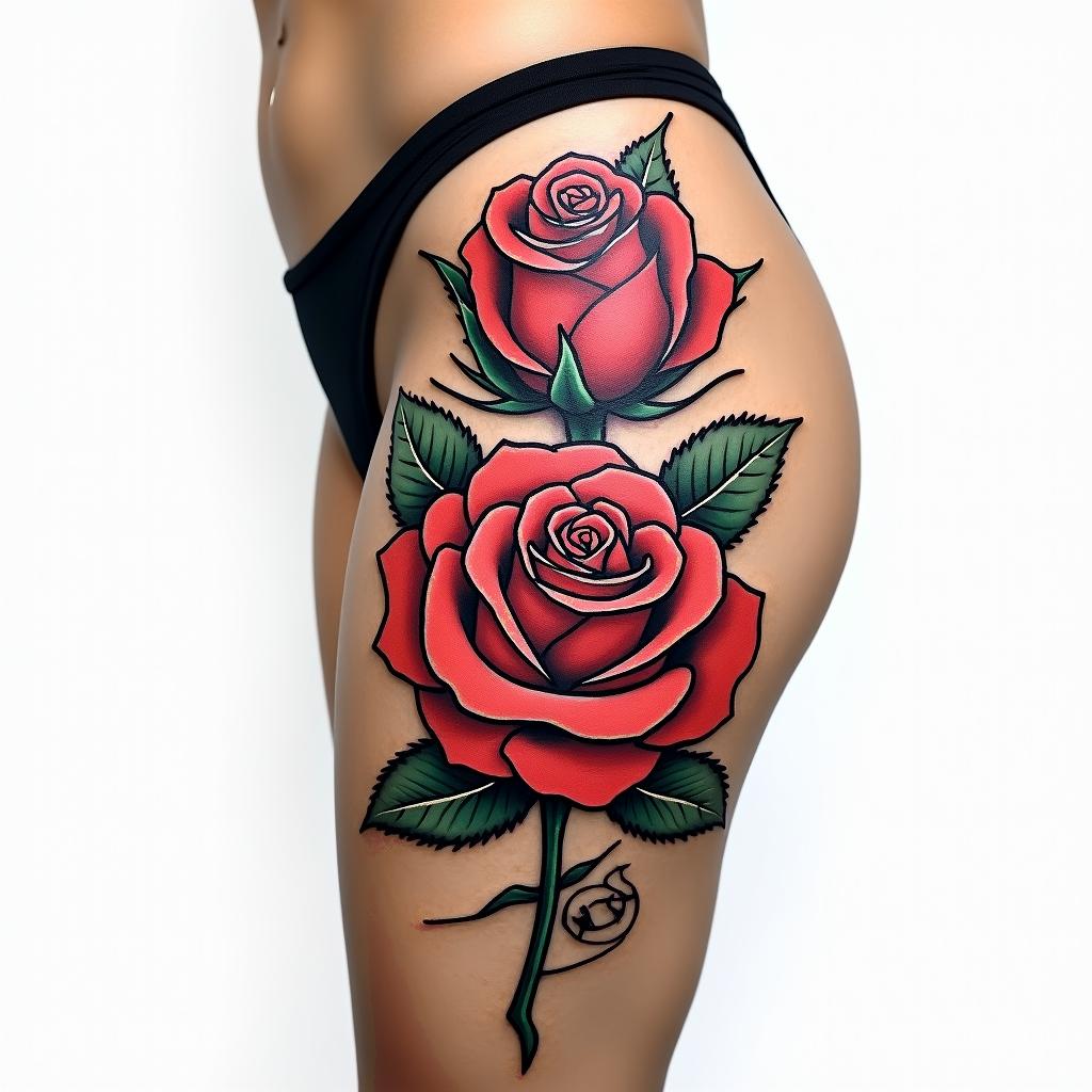 Thigh tattoo rose and thorn in the shape of G but in secretin pop art style tattoo, featuring bold and vibrant colors, exaggerated outlines, iconic imagery, inspired by comic books and speech bubbles, comic book characters, retro pop culture - Variation 2