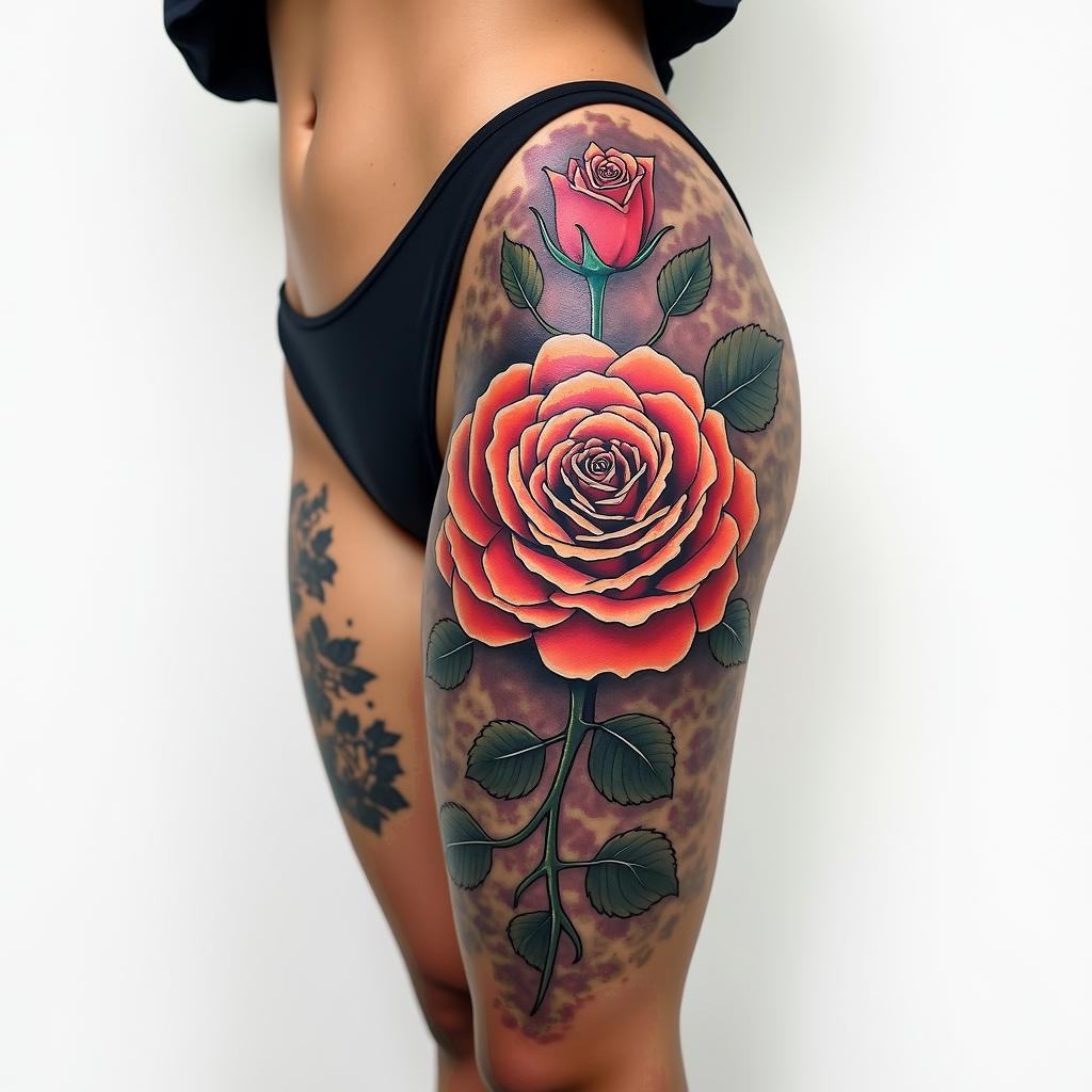 Thigh tattoo rose and thorn in the shape of G but in secretin pop art style tattoo, featuring bold and vibrant colors, exaggerated outlines, iconic imagery, inspired by comic books and speech bubbles, comic book characters, retro pop culture