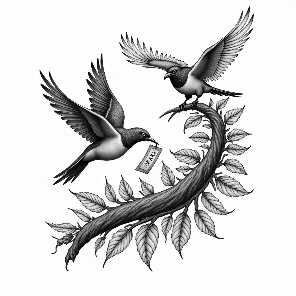 A bird flying and another resting on a log with many leaves, holding a letter in its beak.in paganic style tattoo, featuring ancient symbols, add vegvisir symbol, mystical figures, incorporating designs, pentagrams, runes, crescent moons, - Variation 3