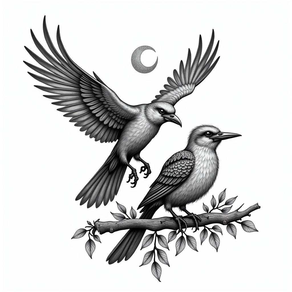 A bird flying and another resting on a log with many leaves, holding a letter in its beak.in paganic style tattoo, featuring ancient symbols, add vegvisir symbol, mystical figures, incorporating designs, pentagrams, runes, crescent moons, - Variation 4