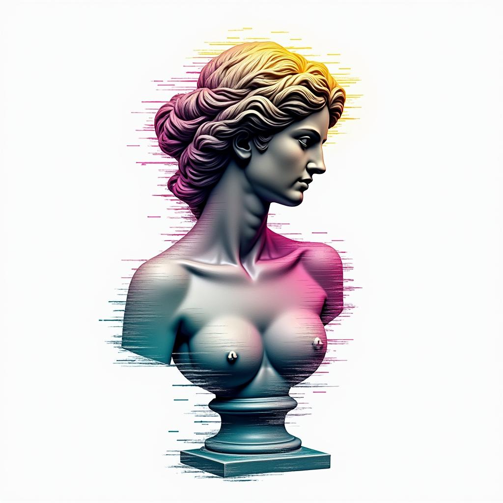 Libra volleyballin distorted and fragmented tattoo design, featuring a classical statue bust, in a glitch art style with vibrant, overlapping colors of cyan, magenta, and yellow, creating a digital distortion effect - Variation 3